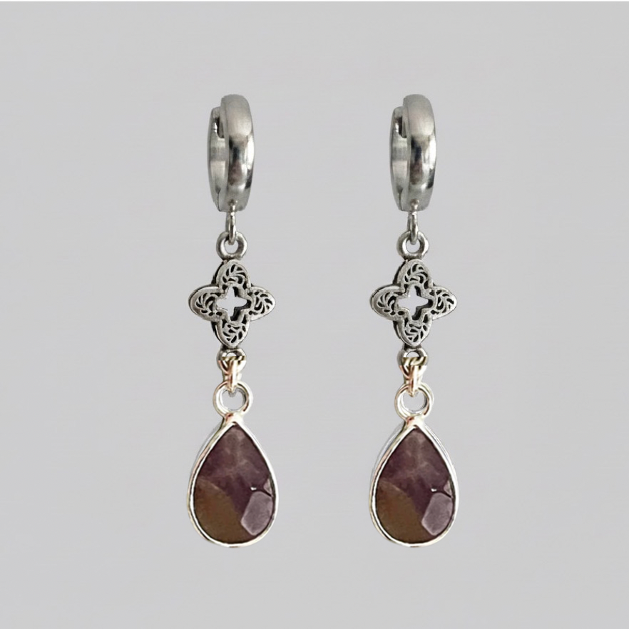 Pair of silver earrings with teardrop-shaped gemstones on a gray background