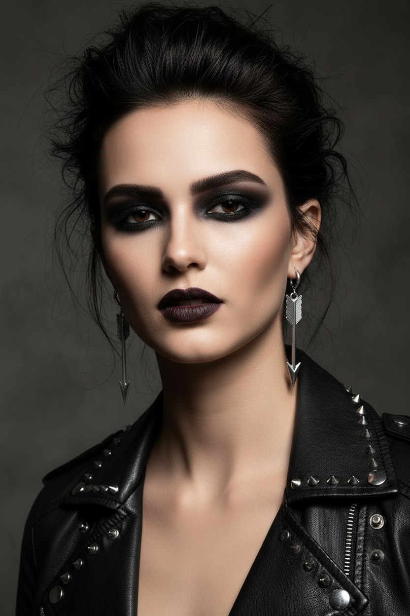 Woman wearing a black leather jacket with dark makeup and silver arrow earrings against a grey background
