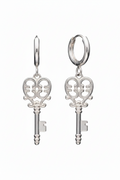 Pair of silver key-shaped earrings on a white background