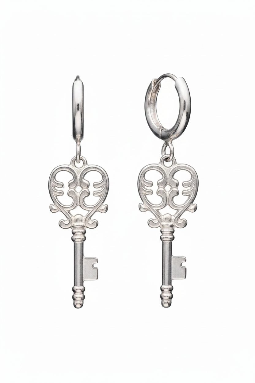 Pair of silver key-shaped earrings on a white background