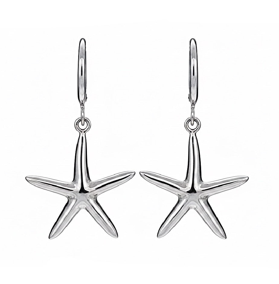 Starfish-shaped silver earrings on a white background