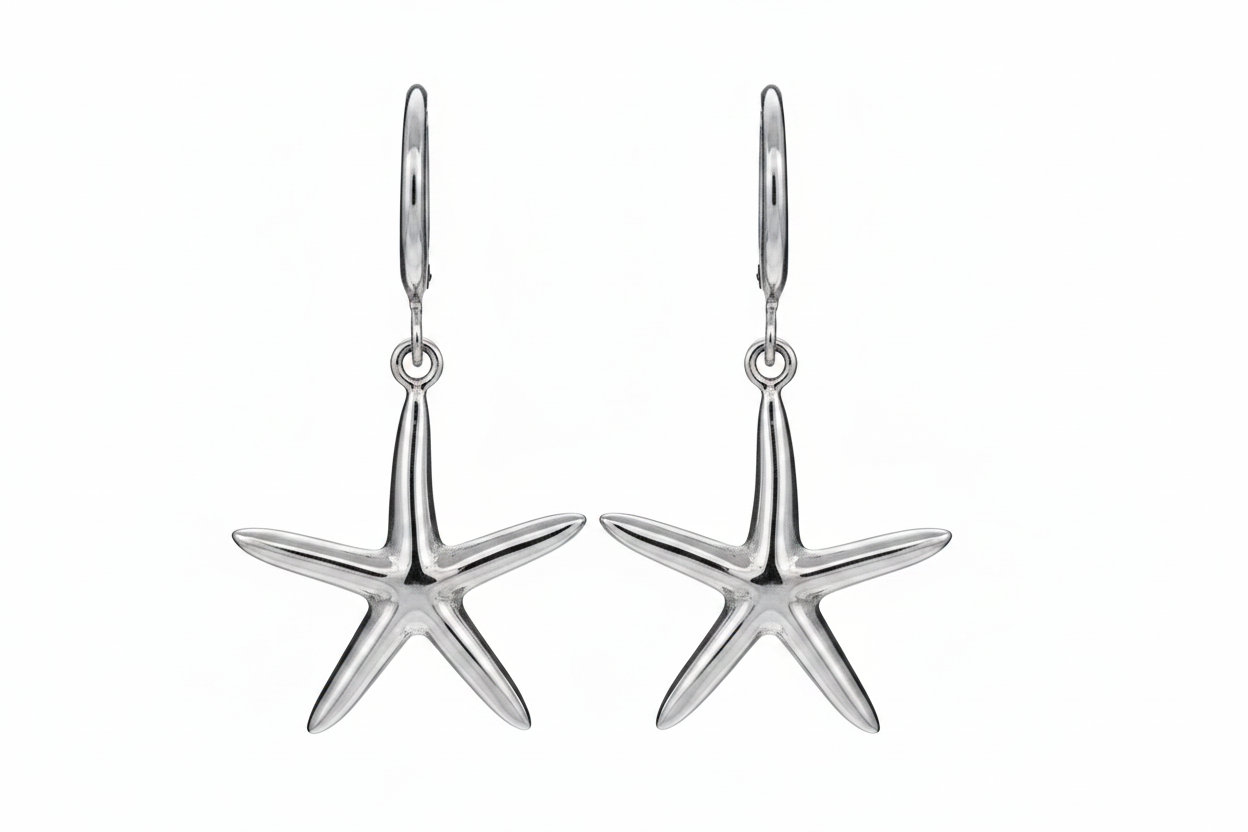 Starfish-shaped silver earrings on a white background