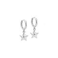 Silver hoop earrings with star-shaped charms on a white background