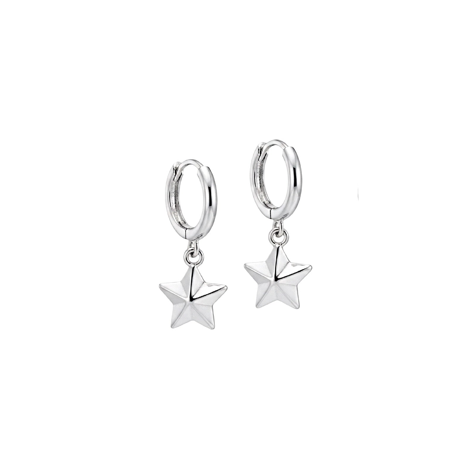 Silver hoop earrings with star-shaped charms on a white background