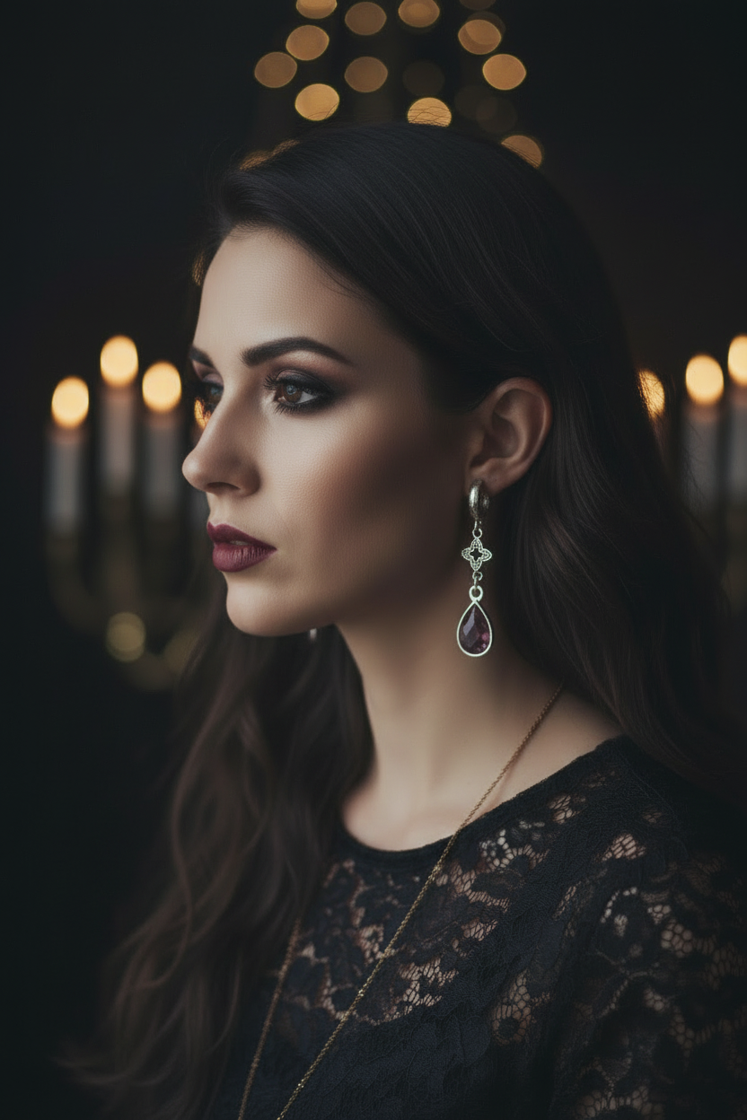 Woman wearing a black lace top with a blurred candlelit background