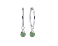A pair of silver hoop earrings with faceted green bead drops, shown against a plain white background.