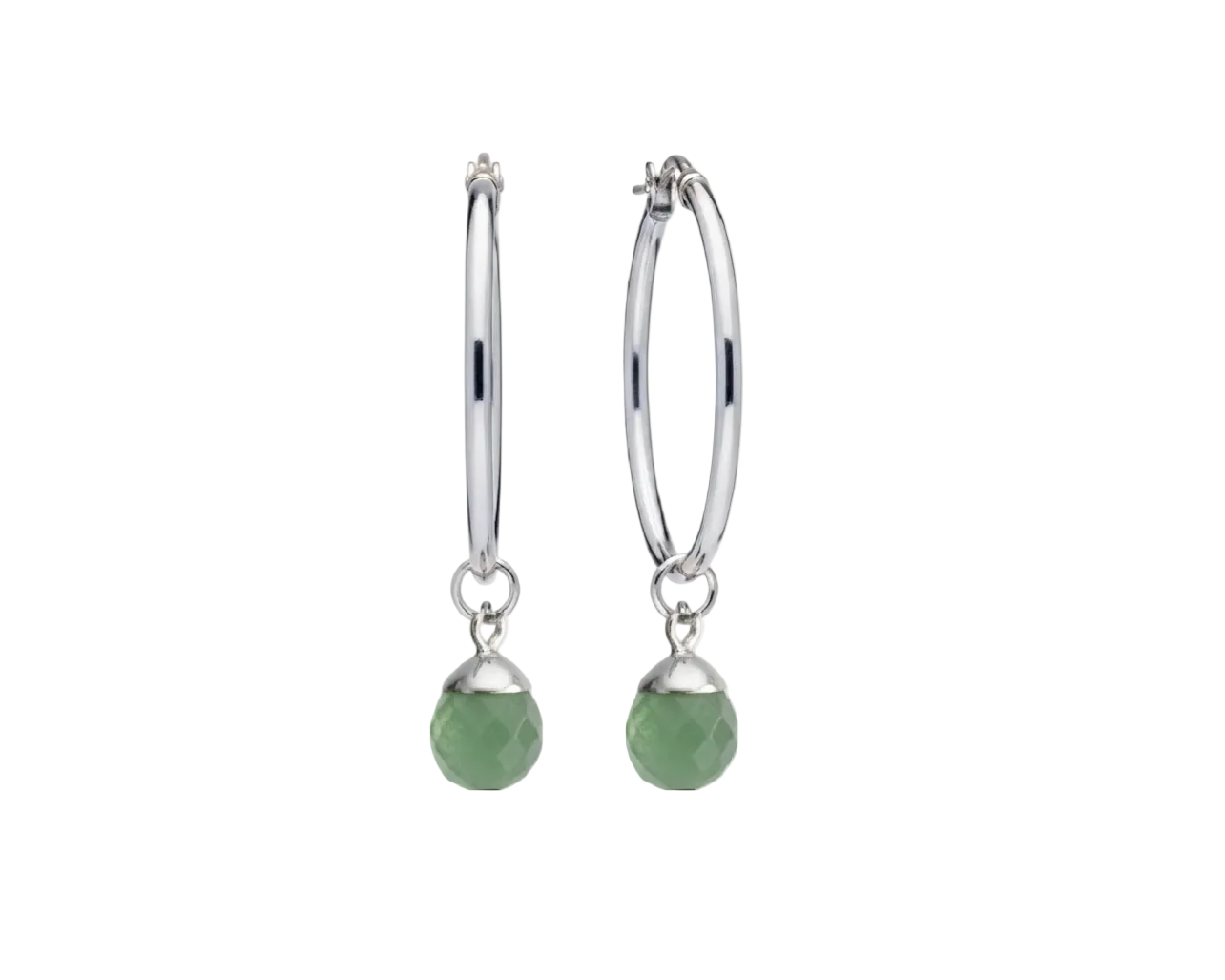 A pair of silver hoop earrings with faceted green bead drops, shown against a plain white background.