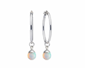 A pair of silver hoop earrings with teardrop-shaped iridescent opal gemstones dangling from the hoops, shown against a plain white background.
