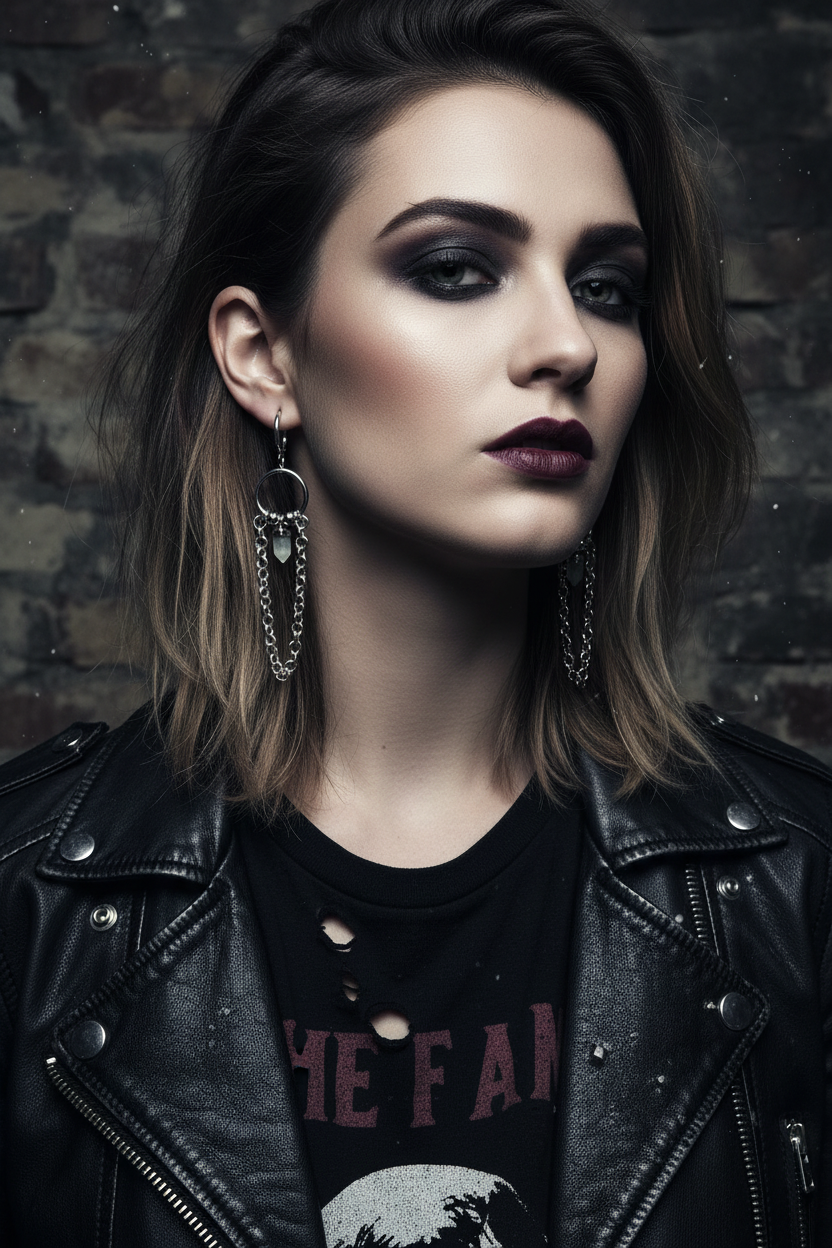Woman wearing chainmail earrings with crystals a black leather jacket and black t-shirt with text against a dark brick wall.