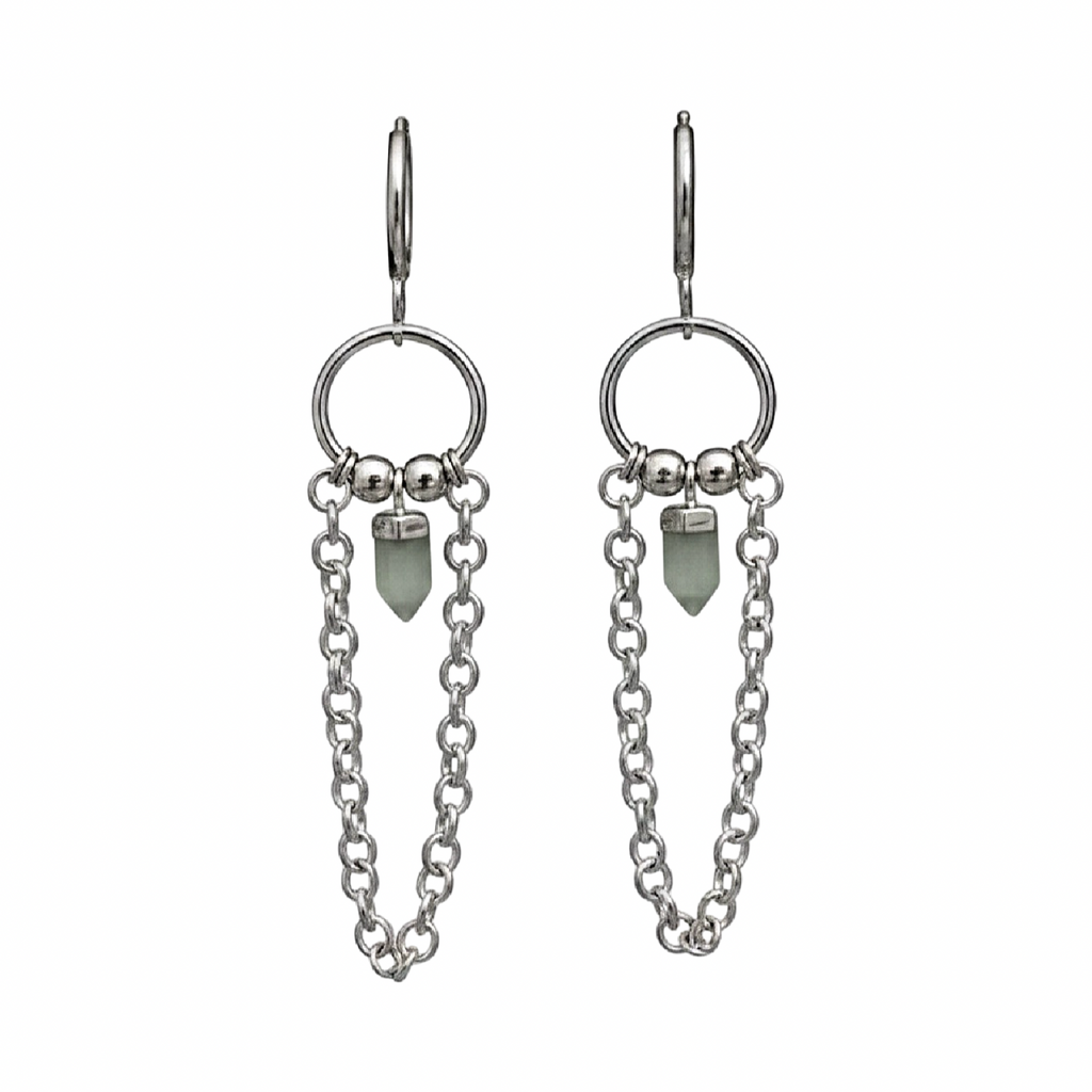 Silver earrings with chain and green crystals on a white background