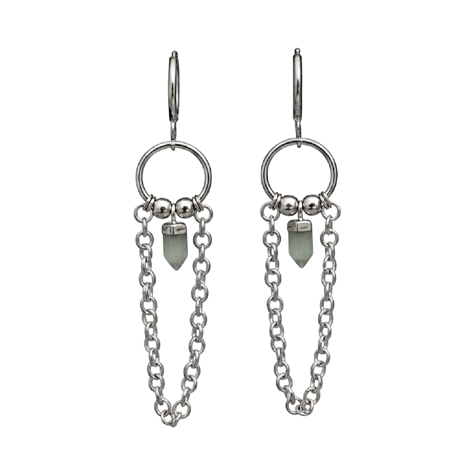 Silver earrings with chain and green crystals on a white background