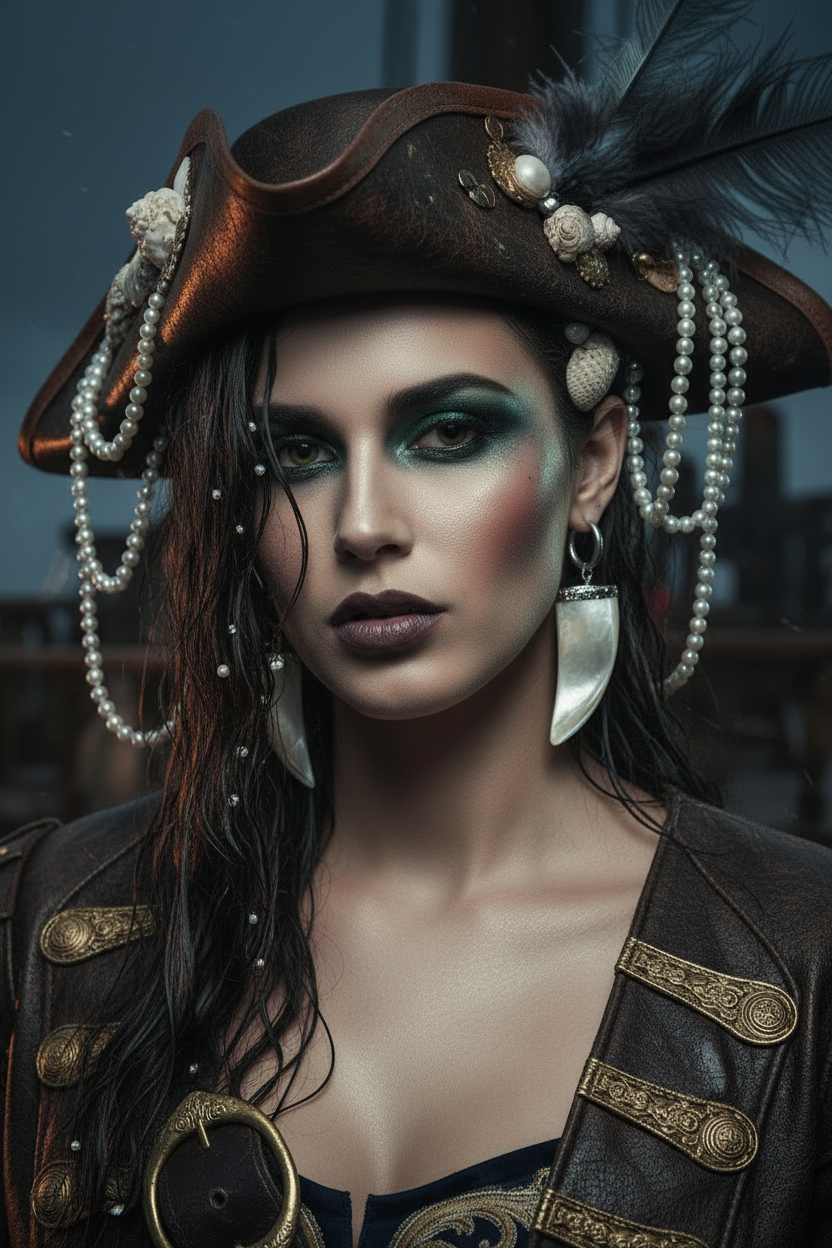 A close-up portrait of a woman wearing a brown pirate-style hat with feathers, pearl strands, and decorative beads, along with a dark pirate outfit and large silver earrings.
