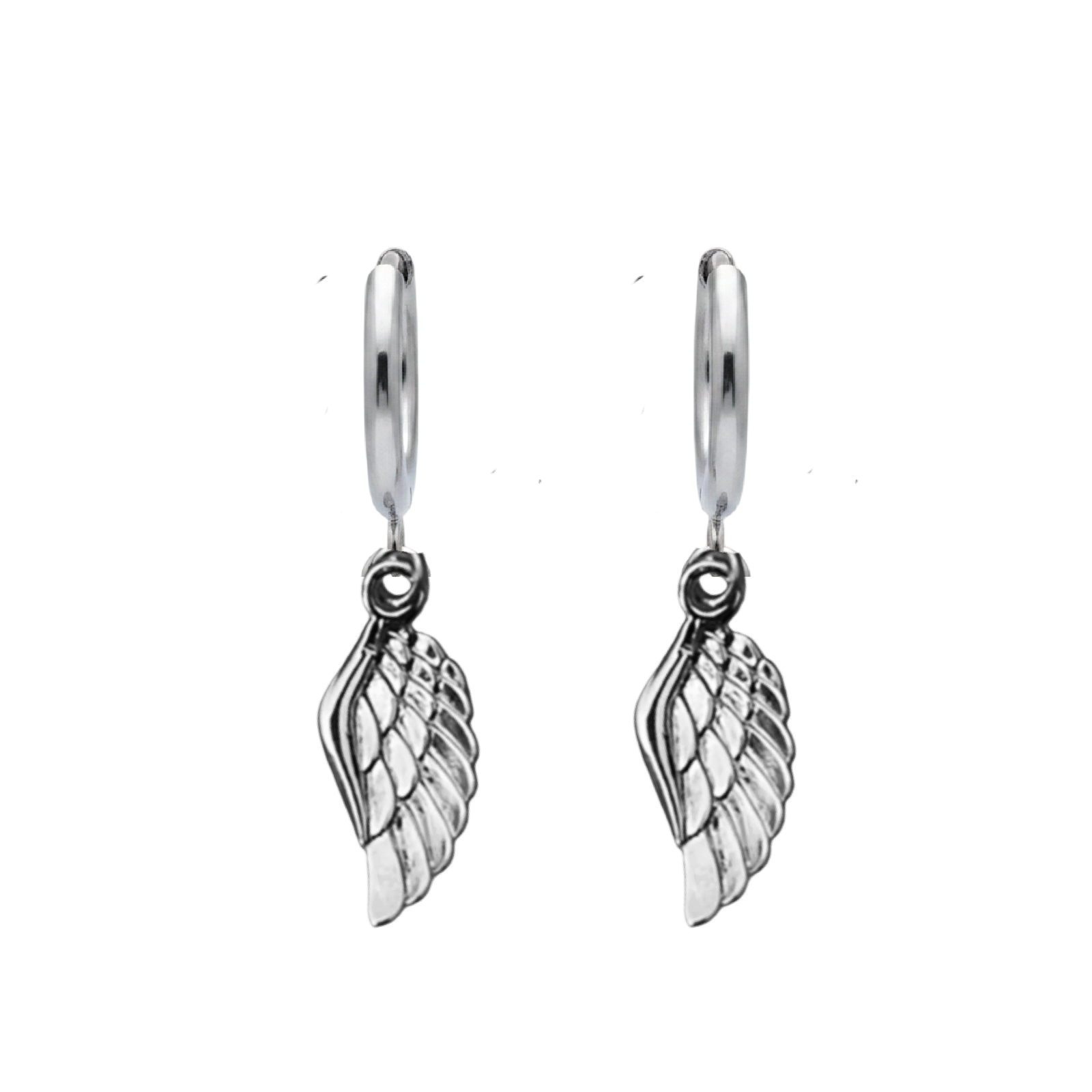 Silver wing-shaped earrings on a white background