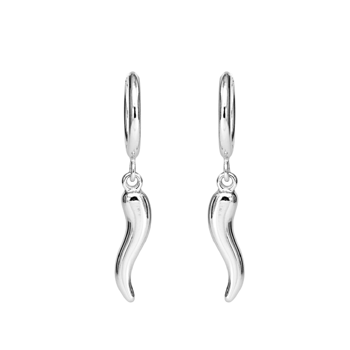Pair of silver chilli earrings on a white background