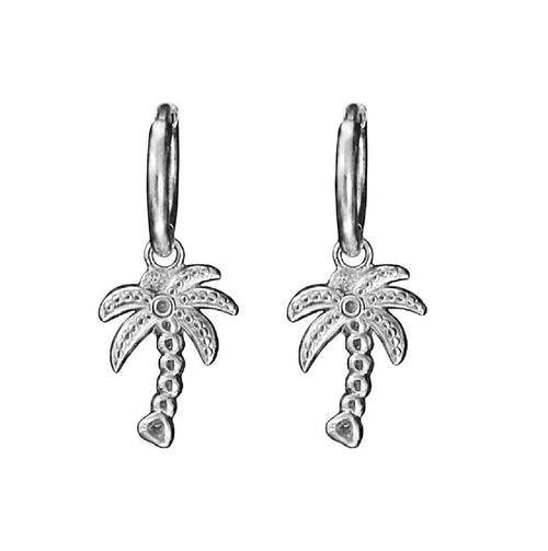 Silver palm tree earrings on a white background