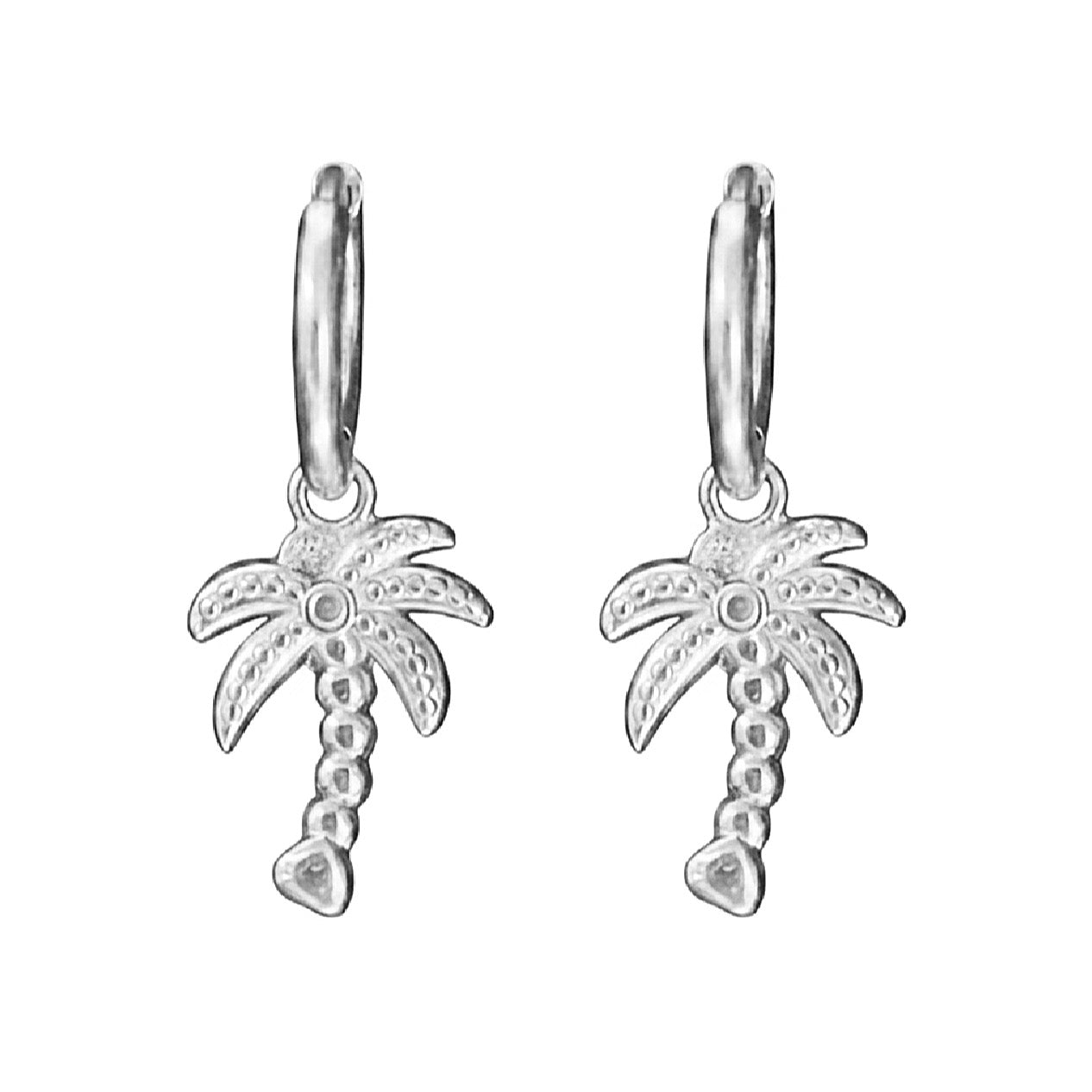 Silver palm tree earrings on a white background