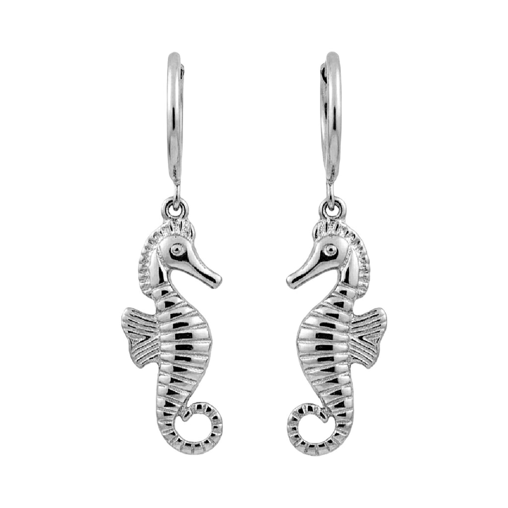 Silver seahorse earrings on a white background