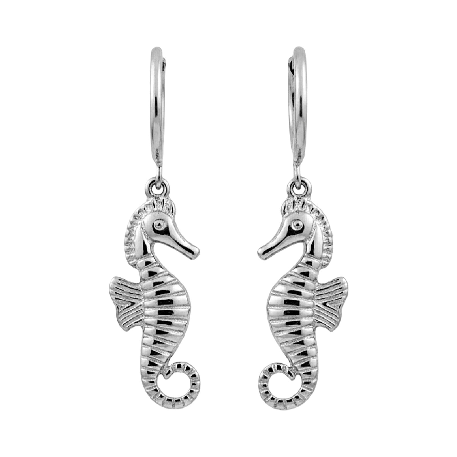 Silver seahorse earrings on a white background