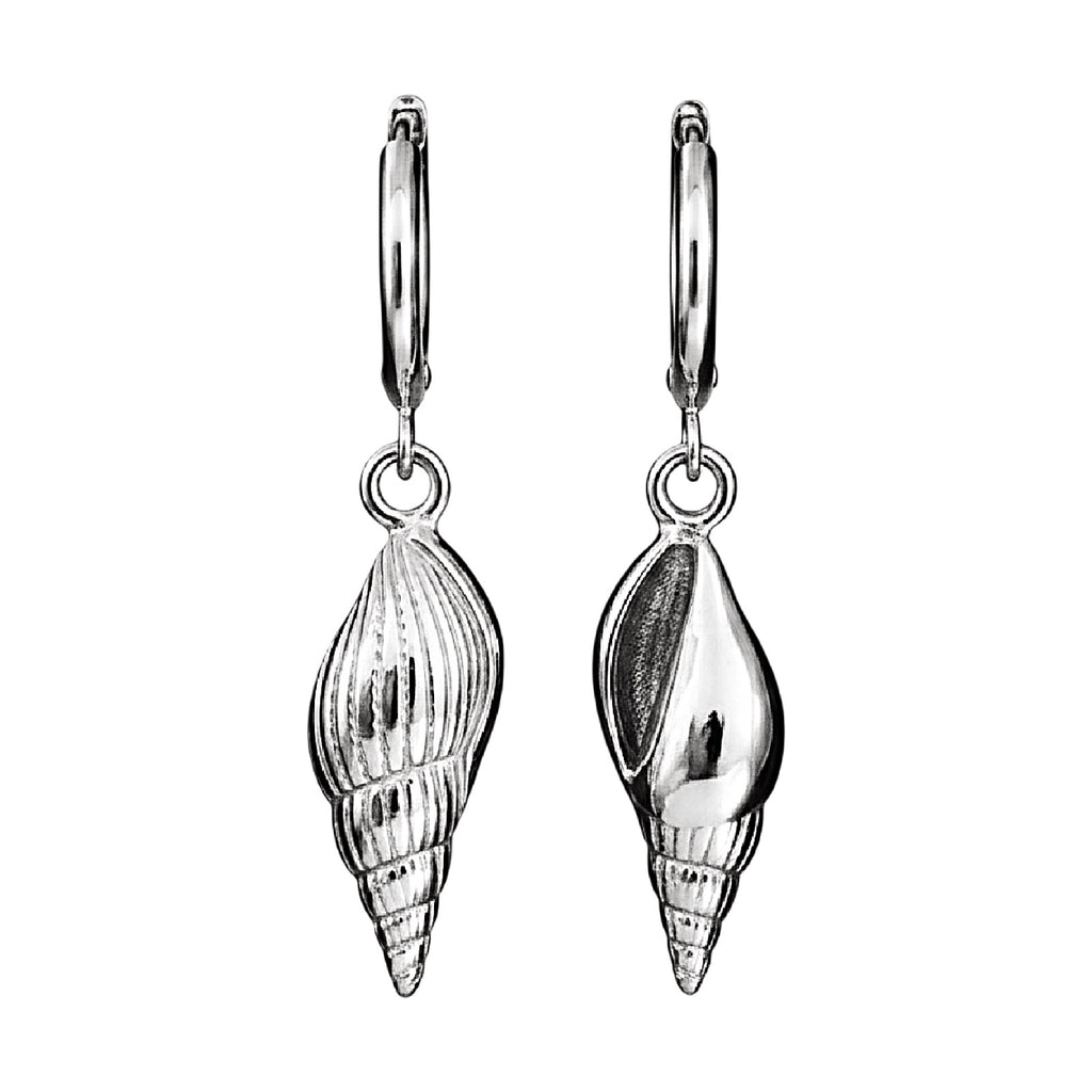 Silver shell-shaped earrings on a white background