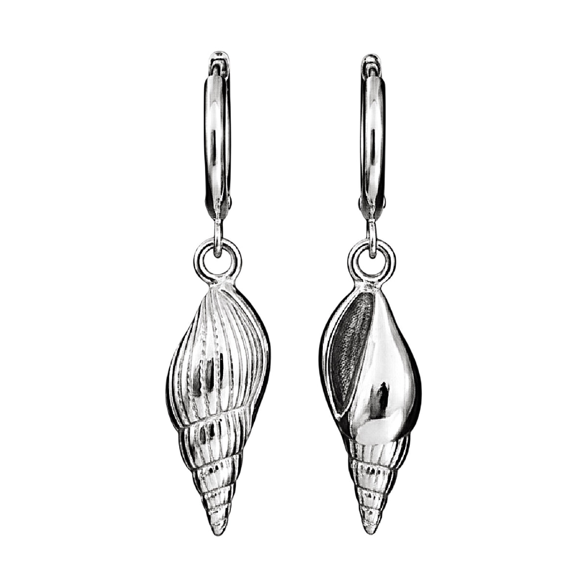 Silver shell-shaped earrings on a white background