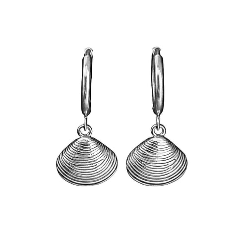 Pair of silver shell-shaped earrings on a white background