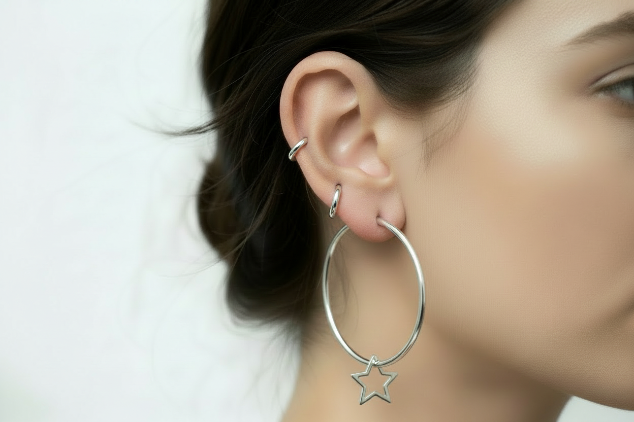 Silver hoop earring with a star charm worn by a person on a white background