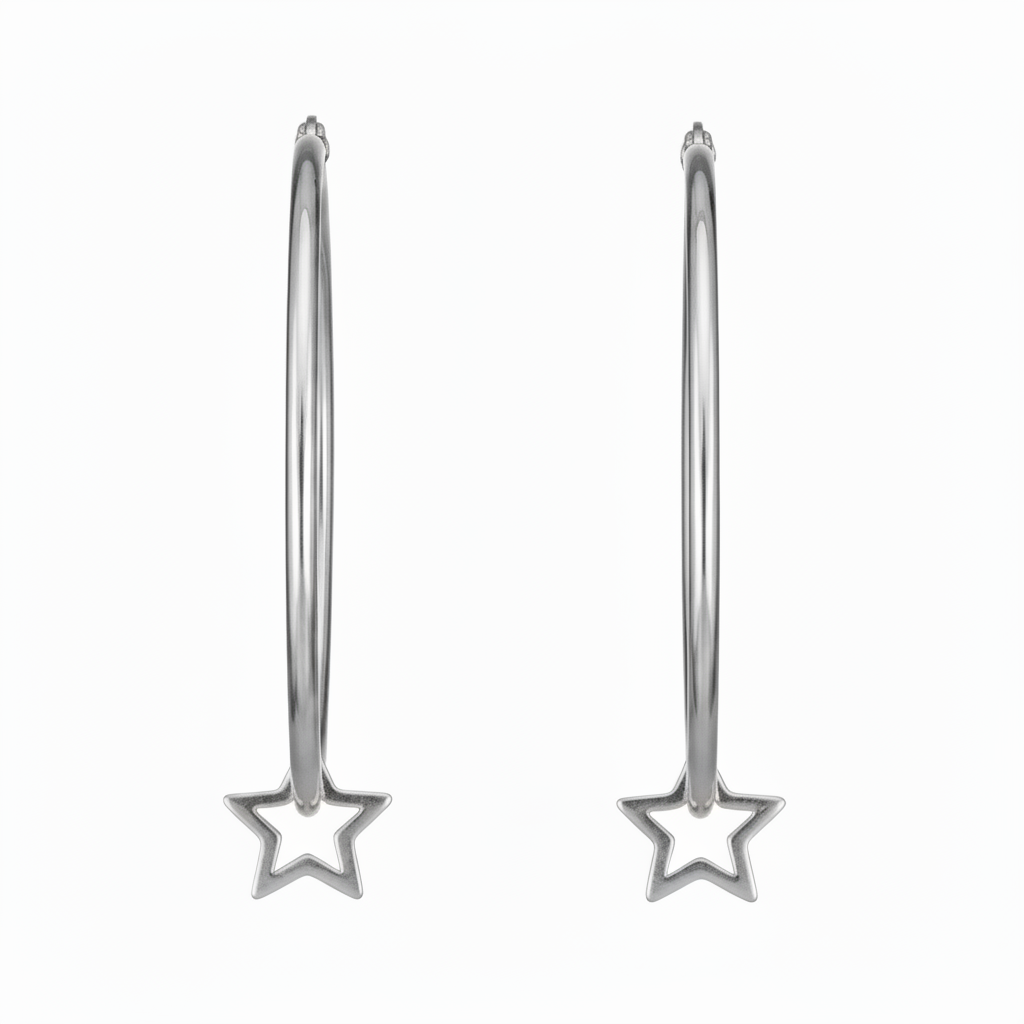 Silver hoop earrings with star-shaped charm on a white background