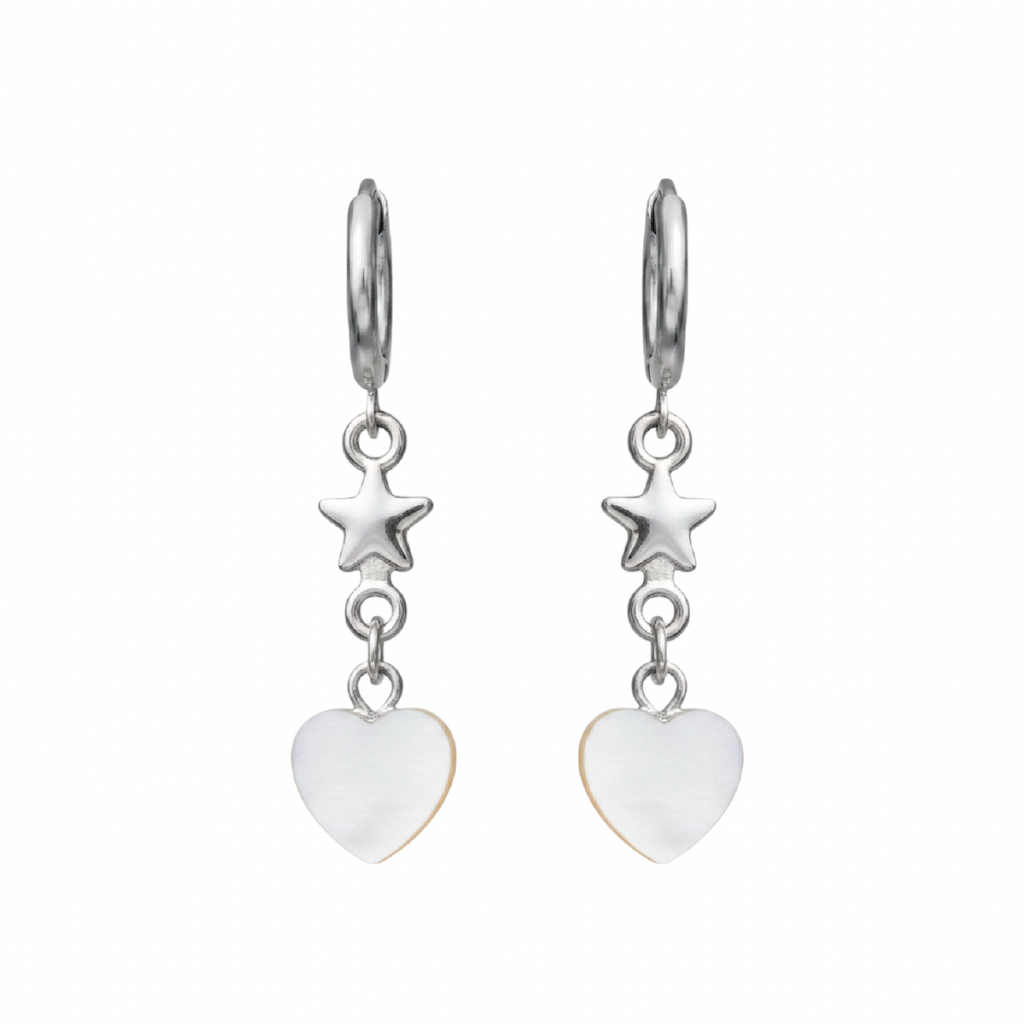 Pair of silver earrings with star and heart charms on a white background