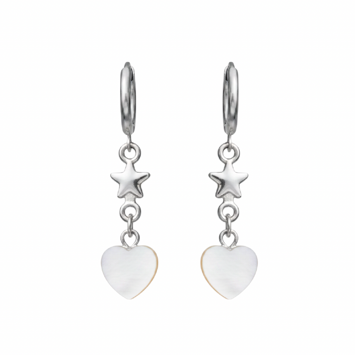 Pair of silver earrings with star and heart charms on a white background