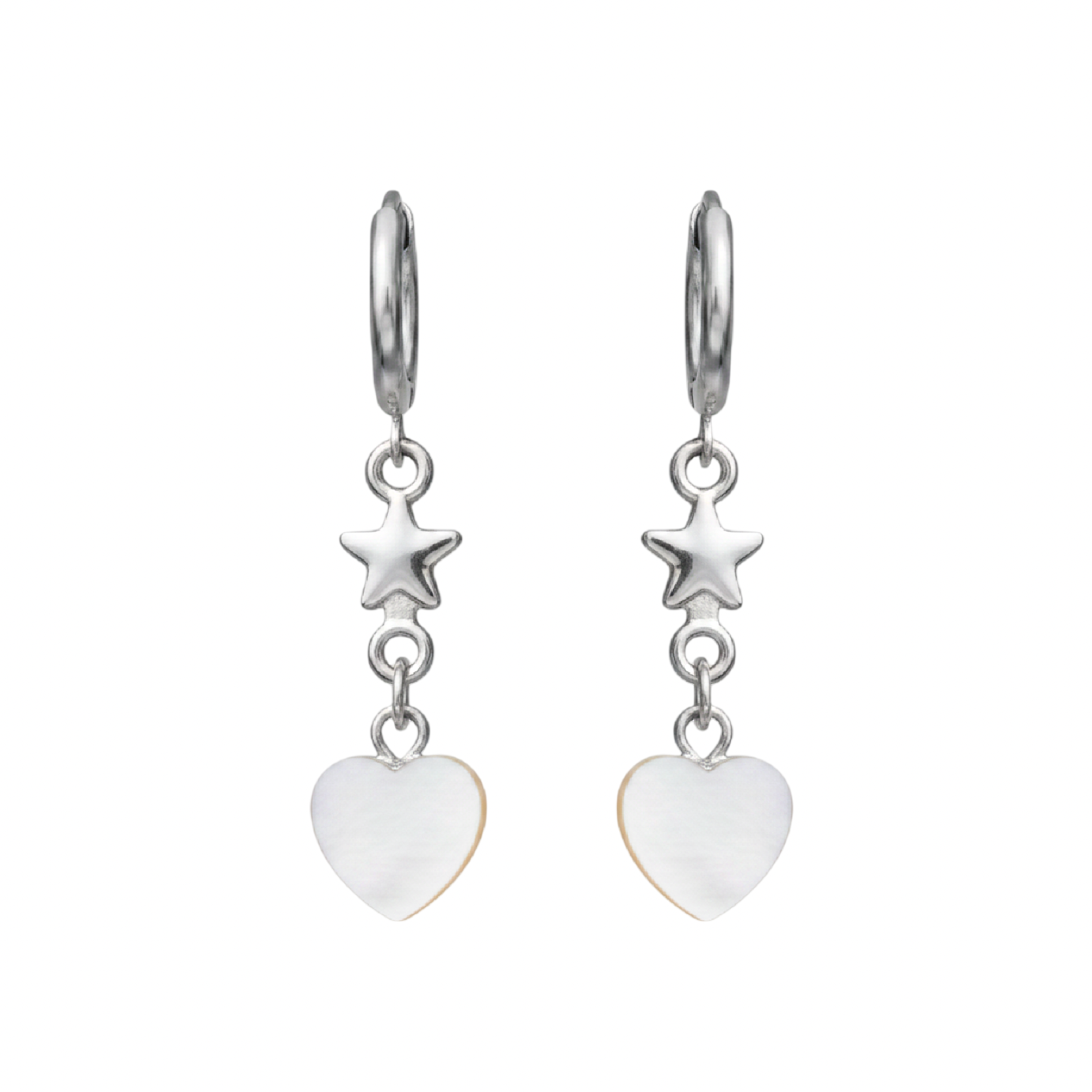 Pair of silver earrings with star and heart charms on a white background