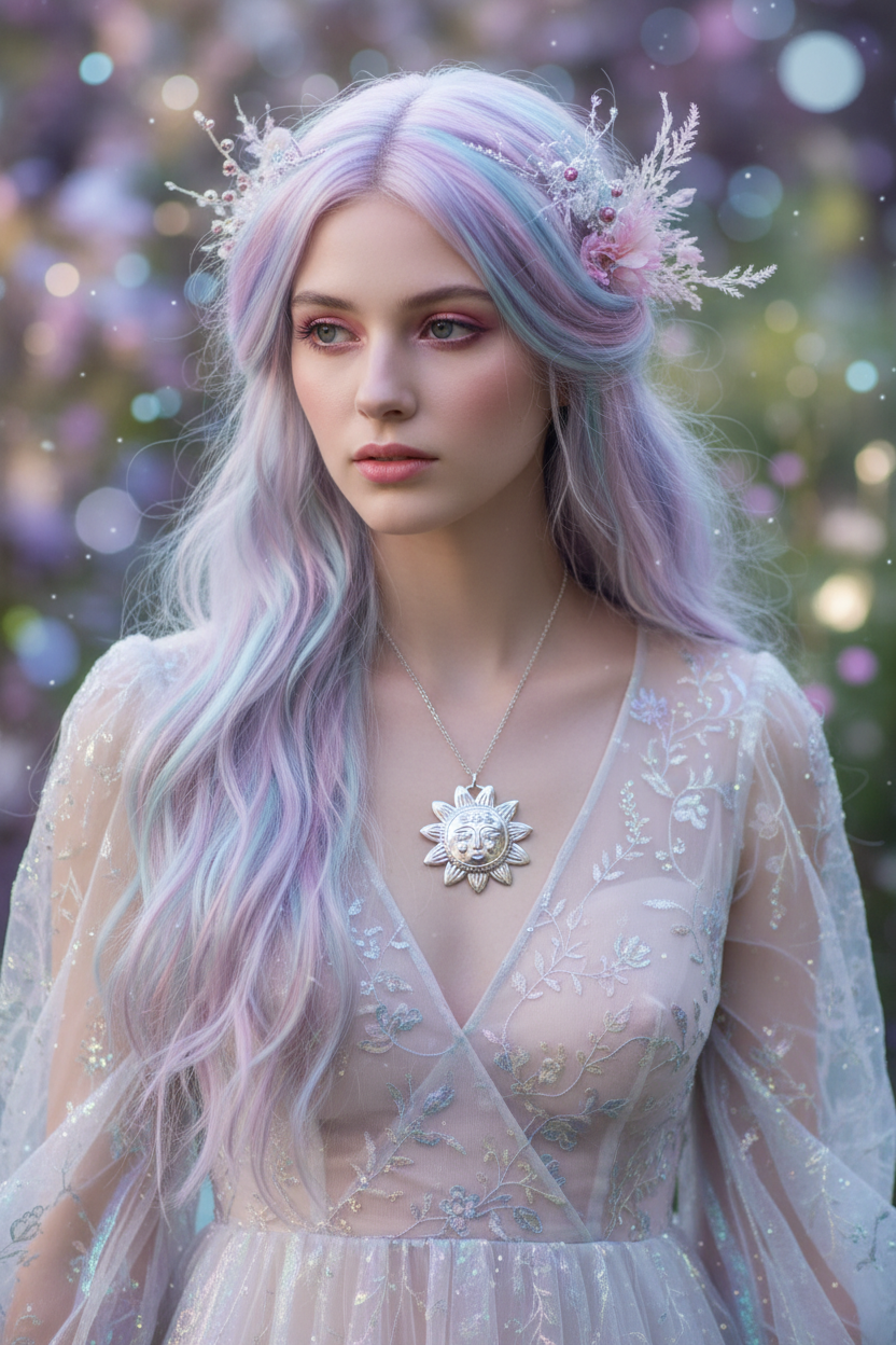 Woman with pastel-coloured hair and a sun-shaped necklace against a blurred, colourful background