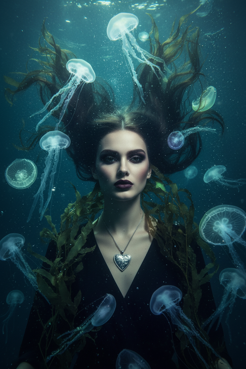 A woman underwater surrounded by glowing jellyfish and seaweed, wearing a black V-neck top and a silver heart-shaped pendant necklace.