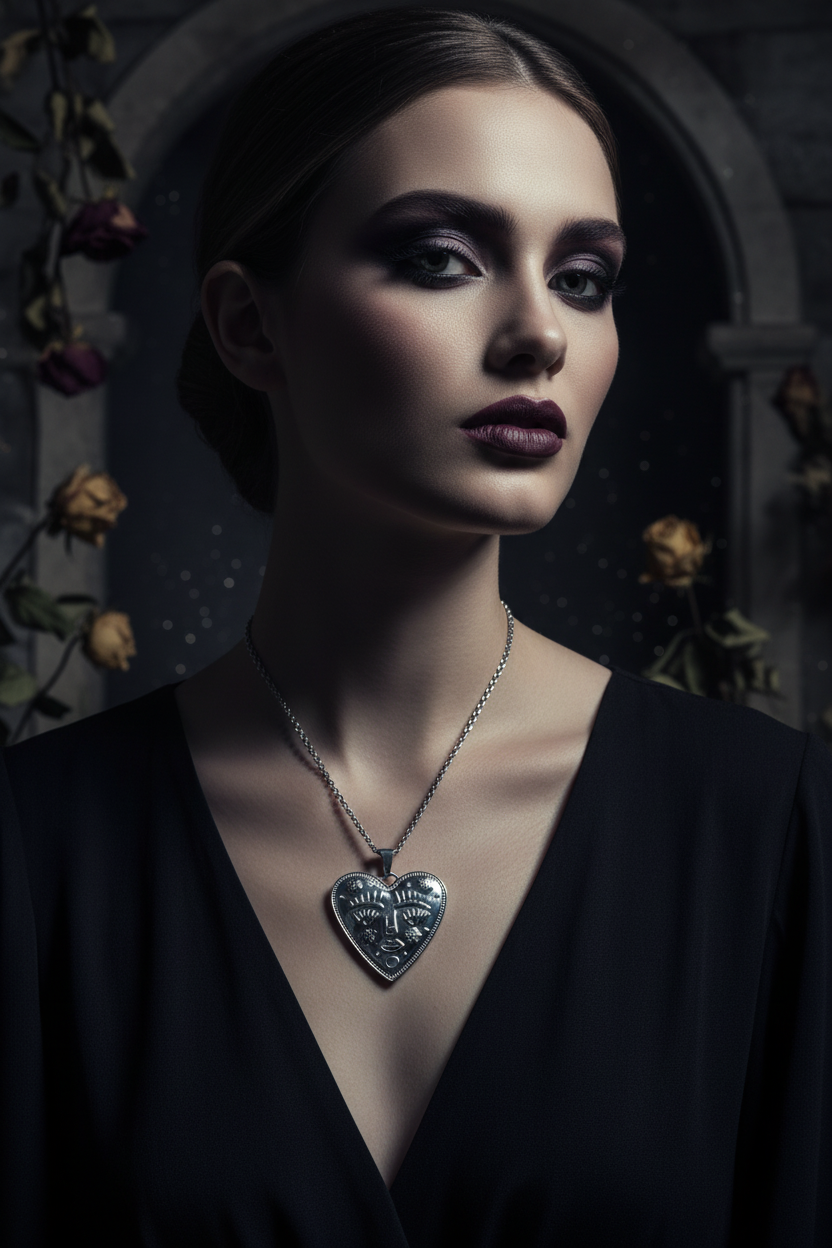 Woman wearing a black dress with a heart-shaped pendant necklace against a dark background.