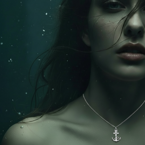 A close-up portrait of a woman underwater wearing a silver anchor pendant necklace. The scene is dimly lit with a dark teal-green background and floating particles.