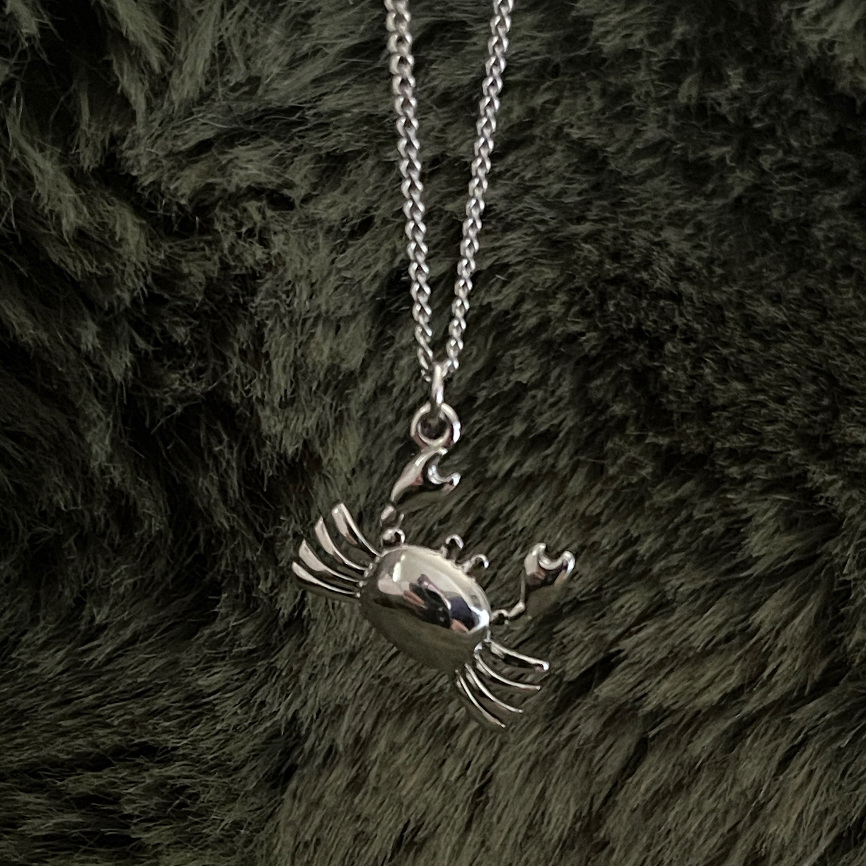 Silver crab pendant necklace on a dark fur background