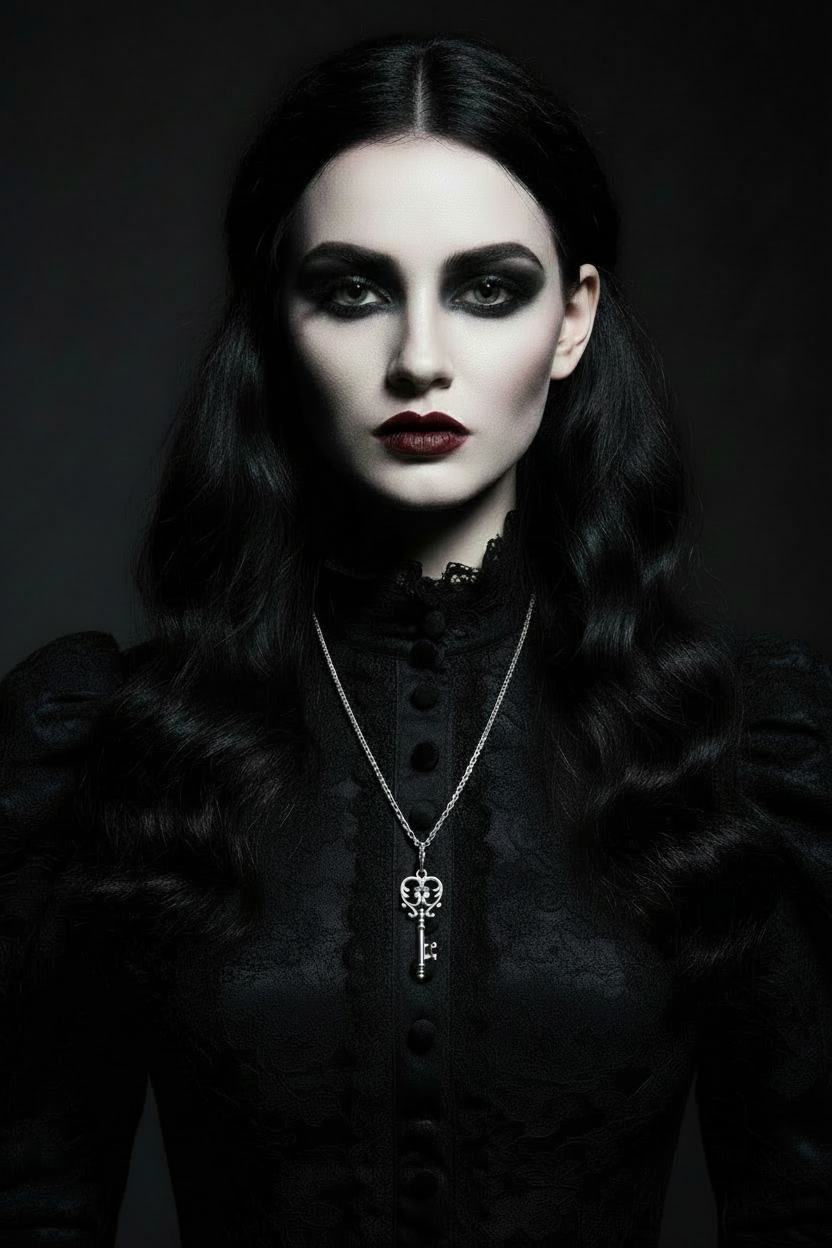 Gothic woman with dark makeup and a silver key necklace against a black background