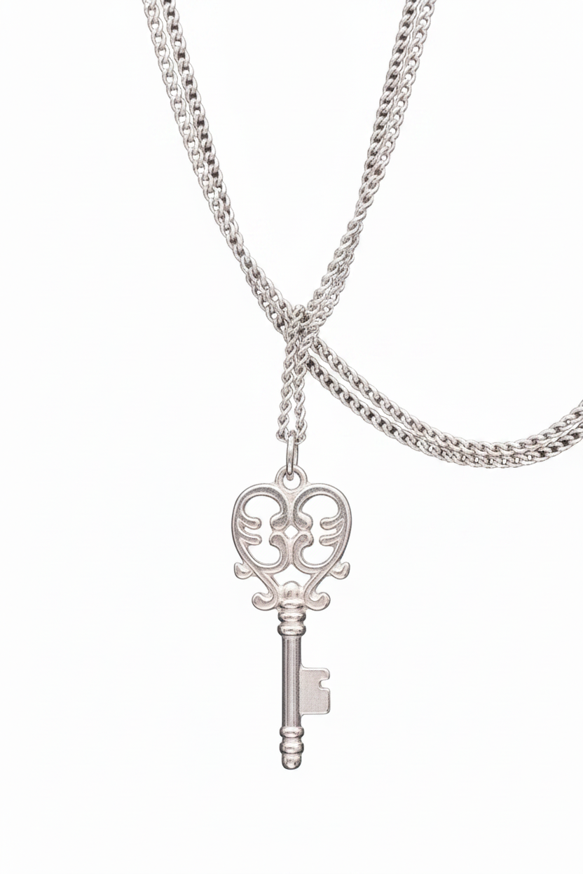 Silver key-shaped pendant on a chain against a white background