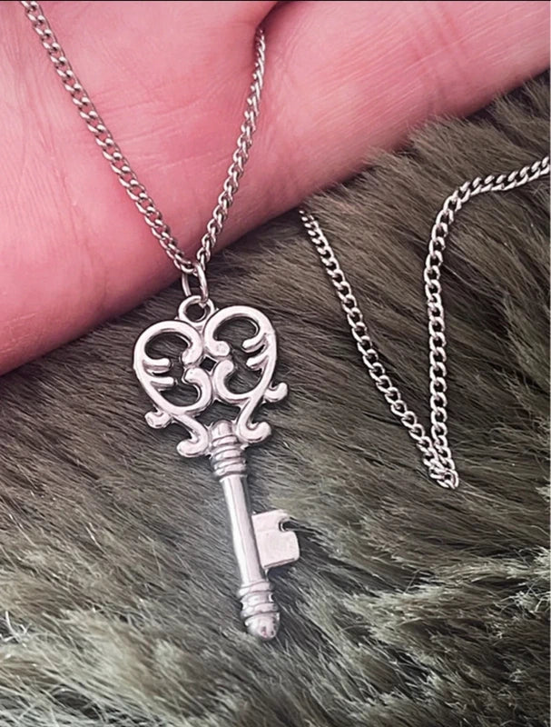 Silver key-shaped pendant on a chain held against fur.