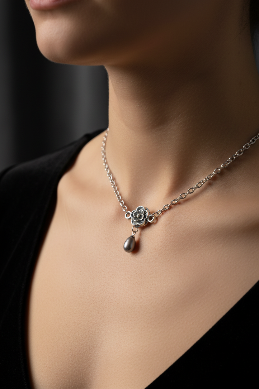 A close-up lifestyle shot of a model wearing a delicate silver necklace with a rose-shaped charm and a teardrop pearl pendant, styled with a black top.