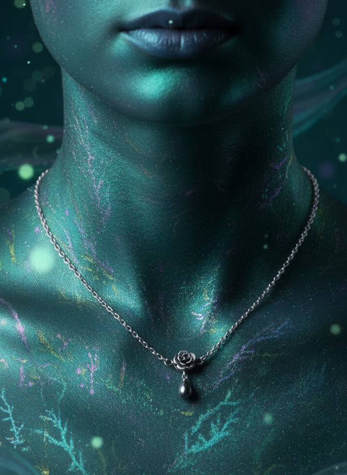 A close-up of a person's neck and upper chest wearing a delicate silver-toned chain necklace with a small rose-shaped pendant and a teardrop drop. The background is a dark teal and black bokeh with glowing light effects.