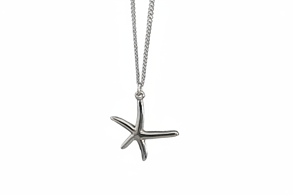 Silver starfish necklace on a white background 