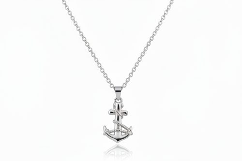 Silver anchor pendant necklace on a white background