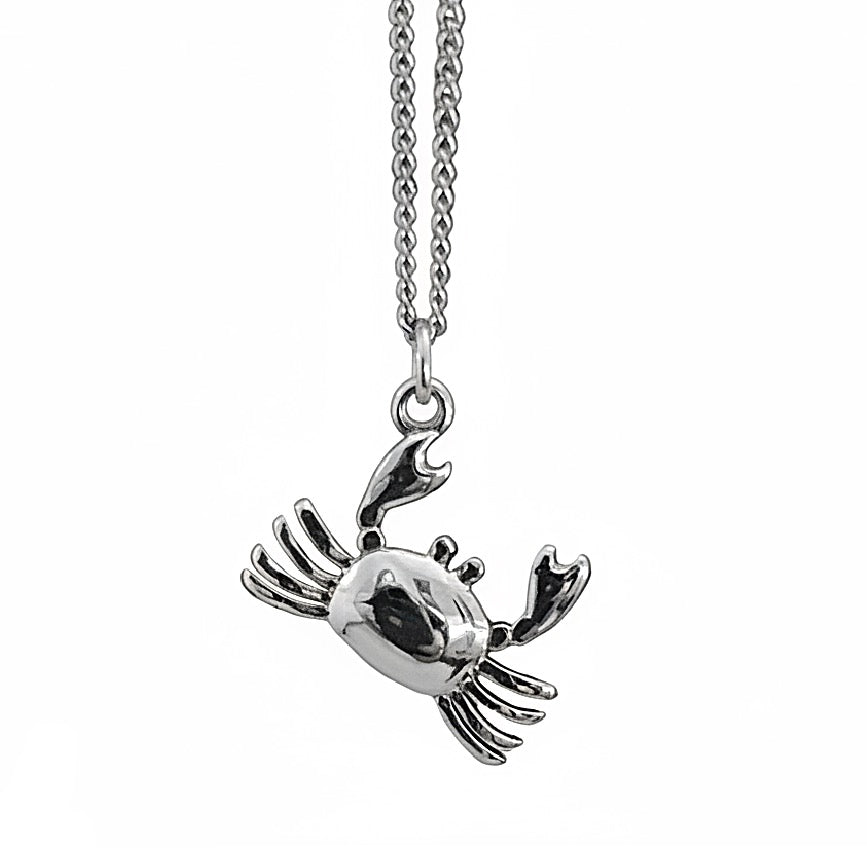 Silver crab pendant on a chain against a white background