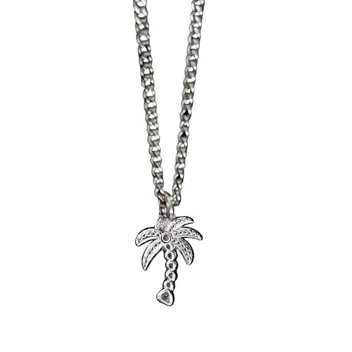Silver palm tree pendant necklace on a white background