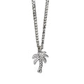 Silver palm tree pendant necklace on a white background