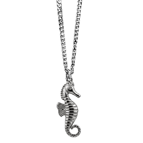 Silver seahorse pendant on a chain against a white background