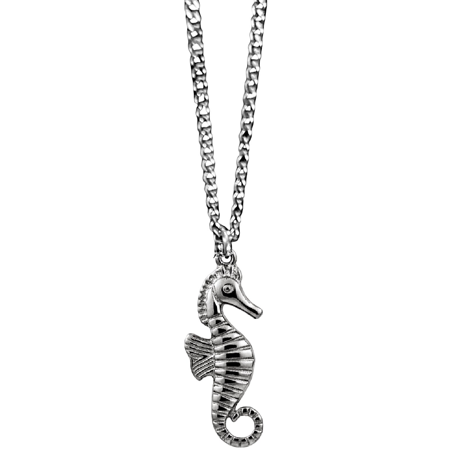 Silver seahorse pendant on a chain against a white background