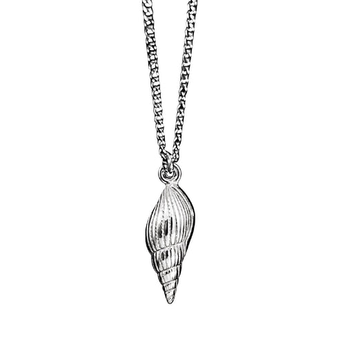 Silver shell pendant on a chain against a white background