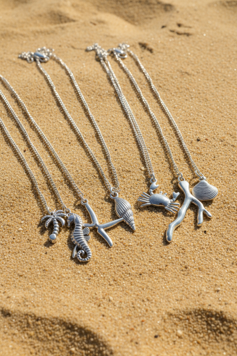 Silver necklaces with various pendants on a sandy surface