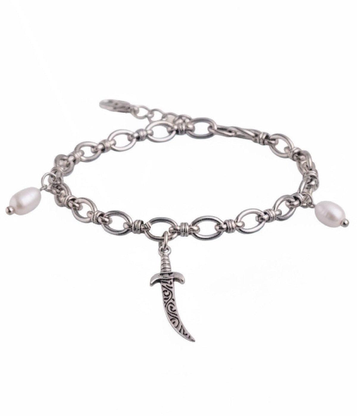 A silver-tone chain bracelet featuring a dangling ornate dagger charm and two small white pearl beads on either side, shown against a plain white background.